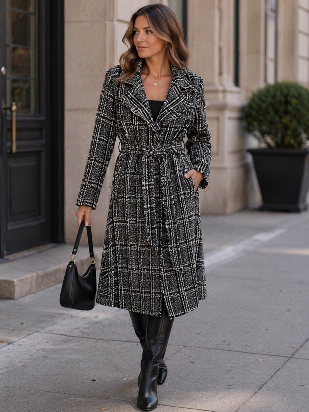 Black & White Checkered Belted Wrap Coat Jacket Chic Trench Style | Women's XL